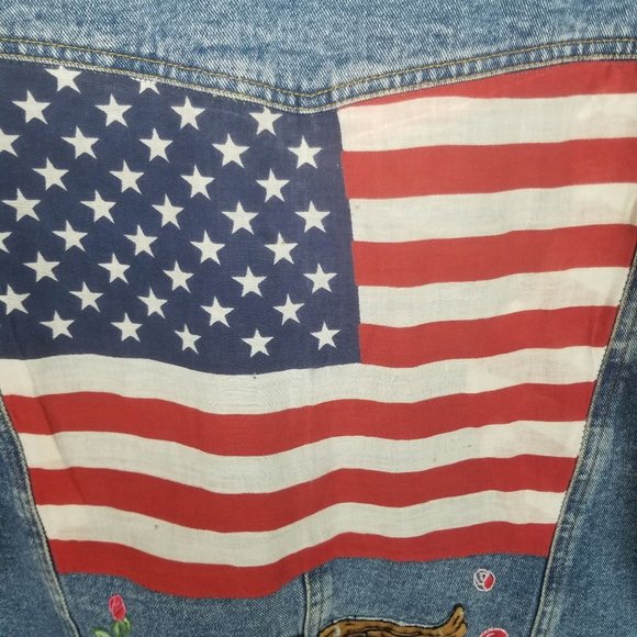 VTG 80's Womens Denim Jean Jacket Harley Davidson Patch Floral American Flag - Picture 9 of 10